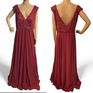 Alyce Paris Formal Plunge Neck Beaded Maxi Dress Wine Over Red Size 18